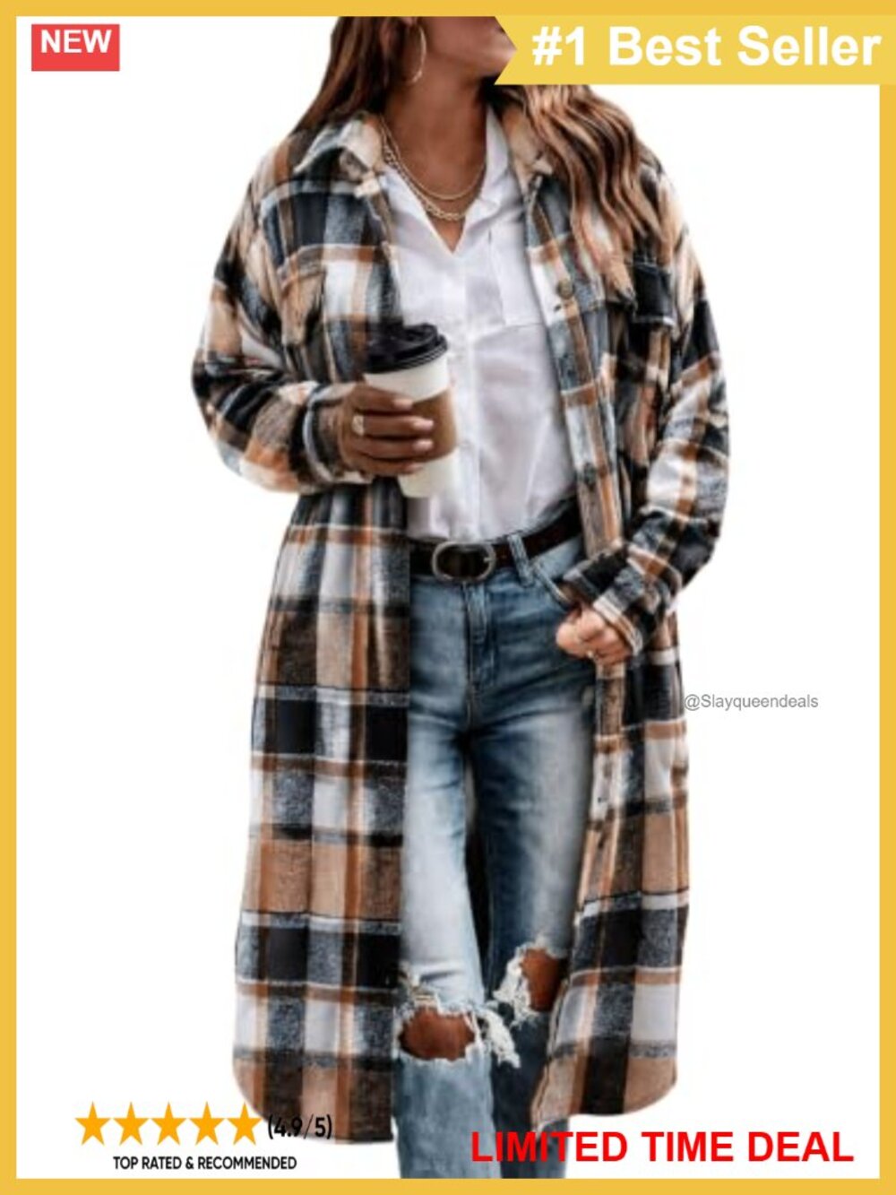 Oversized Plaid Flannel Shacket Long Button Down Shirt Jacket